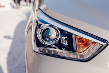 Headlight car. Close-up means for light and road lighting.
