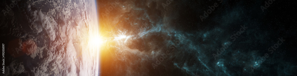 Poster Panorama of distant planet system in space 3D rendering elements of this image furnished by NASA