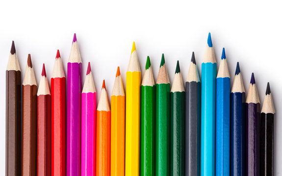 sharpened colored pencils on a white background.