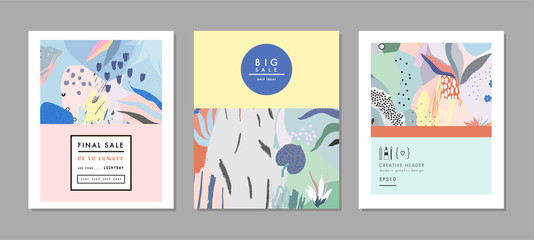 Set of creative trendy cards. Modern art. Cover design. Hand Drawn textures. Design for banner, poster, card, invitation, placard, brochure. Vector