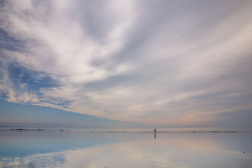ebb in the ocean. sand beach at low tide. silhouette of a person walking along the ocean. copy...