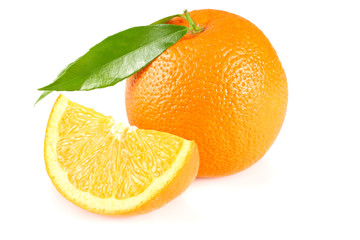 Fototapeta na wymiar healthy food. sliced orange with green leaf isolated on white background