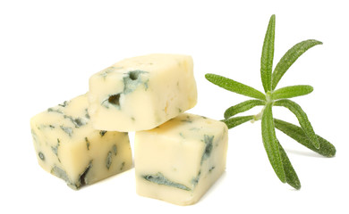 blue cheese with rosemary isolated on white background