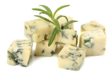 blue cheese with rosemary isolated on white background