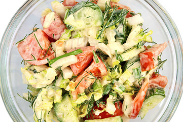Vegetable salad, pepper, cucumber, tomato, dill, onion, mayonnaise.
