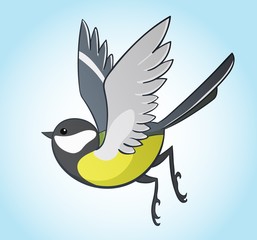Flying big titmouse, simple hand drawn vector illustration