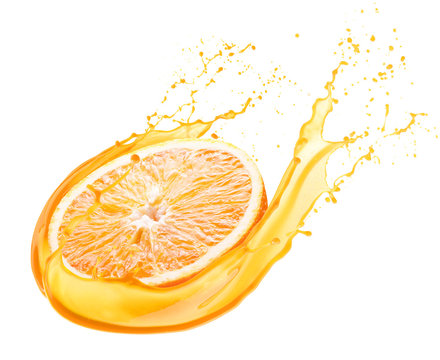 orange in juice splash isolated on a white background