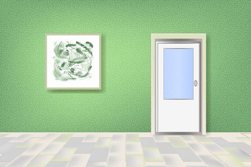 Fototapeta premium White door with glass on the green wall. The concept of modern interior.
