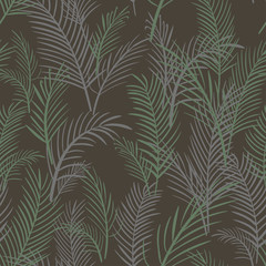 Fototapeta na wymiar Palm seamless hand-drawn pattern with leaves on a brown background. Vector.
