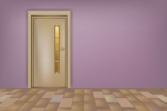 Brown wooden door with glass on lilac wall, concept of modern interior.