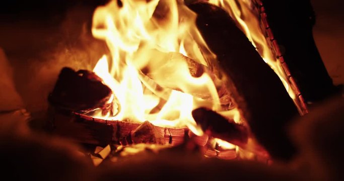 Scenic campfire in Iceland, slow motion close up
