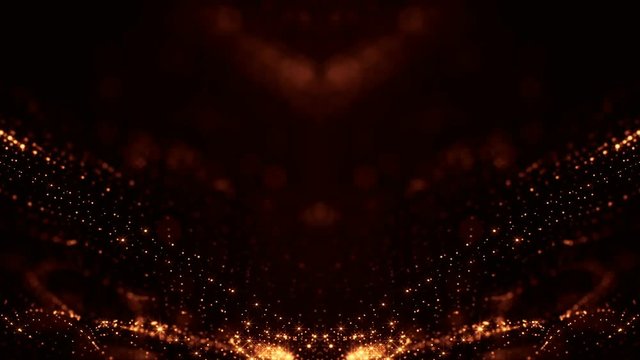 3d rendering background with particles with depth of field. Loop animation, seamless footage. Dark digital abstract background with beautiful glowing particles form digital concept. Gold V