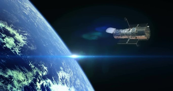 Hubble Space Telescope Floating Above Earth Sunrise Blue Flare Close some elements furnished by NASA images