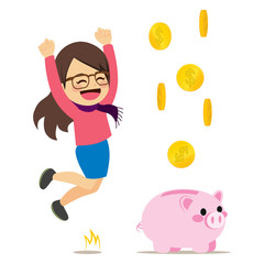 Young cute happy woman jumping with pink piggy bank and falling money coins