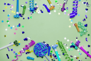 Greeting card for carnival party. hat and candles on white background. background for birthday