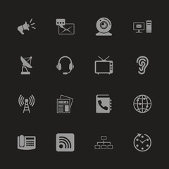 Communication icons - Gray symbol on black background. Simple illustration. Flat Vector Icon.