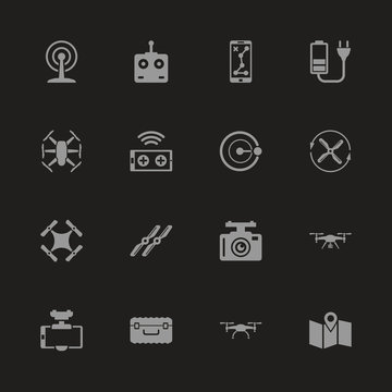 Drone icons - Gray symbol on black background. Simple illustration. Flat Vector Icon.
