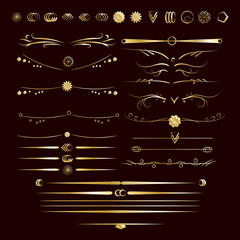 Set of gold dividers. Abstract curly headers, design element set. Golden design elements on the black background. Luxury style calligraphic. Vector illustration.