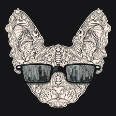 Ornament face of fashion sphinx cat with black eyeglasses. Isolated on dark background. Can be used for some print or poster. Line art style. Sketch for tattoo.