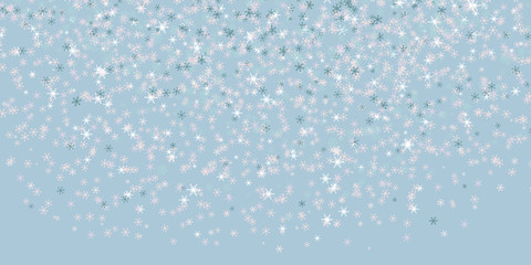 Falling Snowflakes background. Winter flyer. Copy space. Light blue banner in cold colors. Text frame. Fallen snow. Can be used as Christmas postcard or Holiday banner.