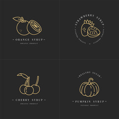 Vector set design golden templates logo and emblems - syrups and toppings-orange, cherry, strawberry and pumpkin. Food icon. Logos in trendy linear style isolated on white background.
