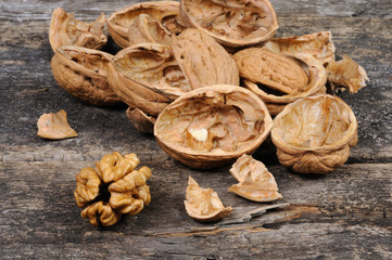 Walnut and walnut shell. View from above.