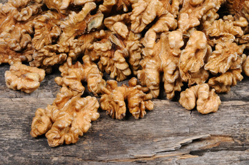 Walnuts without shell close-up. View from above.