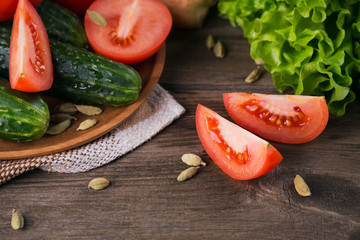 tomato, cucumber, lettuce and spices