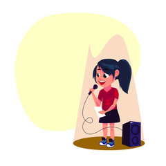 Obraz premium Vector singing girl with microphone. Cartoon style. Isolated on white background.