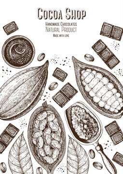 Vector illustration frame with cocoa products. Handmade chocolate, organic food. Vintage elements for design.