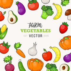 Vegetable vector cover. Food carrot, tomato and broccoli mushrooms, beets and avocado.
