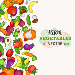 Cartoon healthy vegetable cover. Healthy vegetable doodle illustration. Carrot, tomato, broccoli. Pumpkin and carrot.