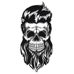 Black vector illustration of skull with beard, mustache, hipster haircut. Isolated on white background