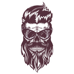 Bronse illustration of skull with beard, mustache, hipster haircut and fushion eyeglasses with reflection. Isolated on white background