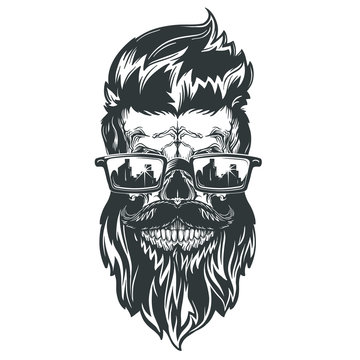 Vector illustration of skull with beard, mustache, hipster haircut and sunglasses. Isolated on white background.