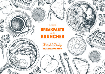 Breakfasts and brunches top view frame. Food menu design. Vintage hand drawn sketch vector illustration.