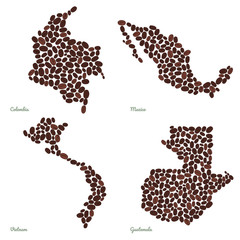 Country maps made out of coffee beans. Vegetarian illustration. Four maps set. Largest Coffee Producing Countries. For illustrators, decoration or infographics.