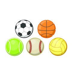 Extortion set of different sport balls. Football, basketball, baseball, tennis and volleyball. Isolated on white background.