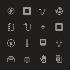 Electricity icons - Gray symbol on black background. Simple illustration. Flat Vector Icon.