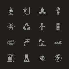 Energy icons - Gray symbol on black background. Simple illustration. Flat Vector Icon.