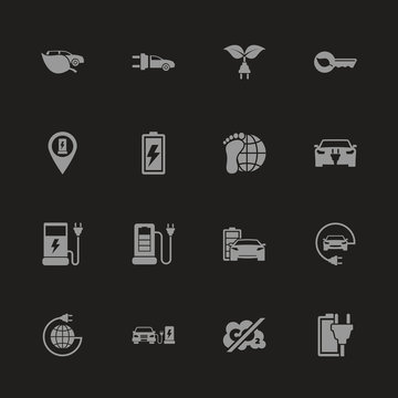 Electro Car icons - Gray symbol on black background. Simple illustration. Flat Vector Icon.