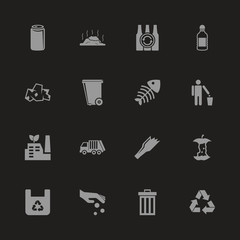 Garbage icons - Gray symbol on black background. Simple illustration. Flat Vector Icon.