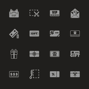 Gift Cards icons - Gray symbol on black background. Simple illustration. Flat Vector Icon.