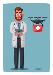 Smart doctor with drone. Funny character design. Cartoon vector illustration