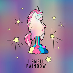 Greeting card with trendy pink unicorn. Holographic back gift card. Vector illustration.