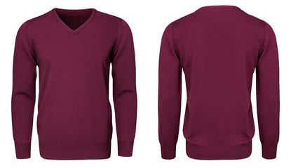 Blank template mens burgundy sweatshirt long sleeve, front and back view, isolated white...