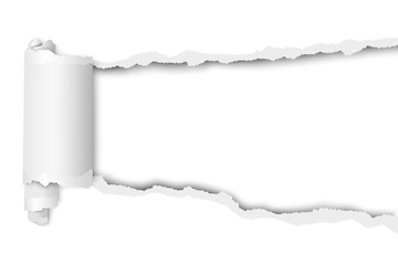 Torn, snatched hole in sheet of white paper. Vector template paper design.