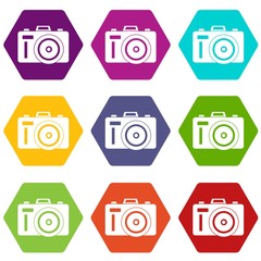 Photocamera icon set color hexahedron