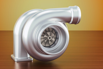 Car turbocharger on the wooden table. 3D rendering