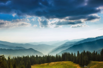 Fototapeta na wymiar Majestic landscape of summer mountains. A view of the misty slopes of the mountains in the distance. Morning misty coniferous forest hills in fog and rays of sunlight. Travel background.